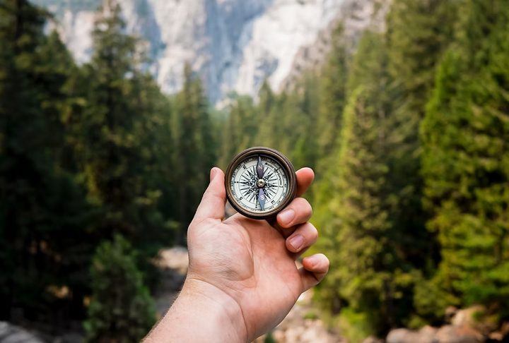 A hand holding a compass up against a blurred pine forest and rock face.