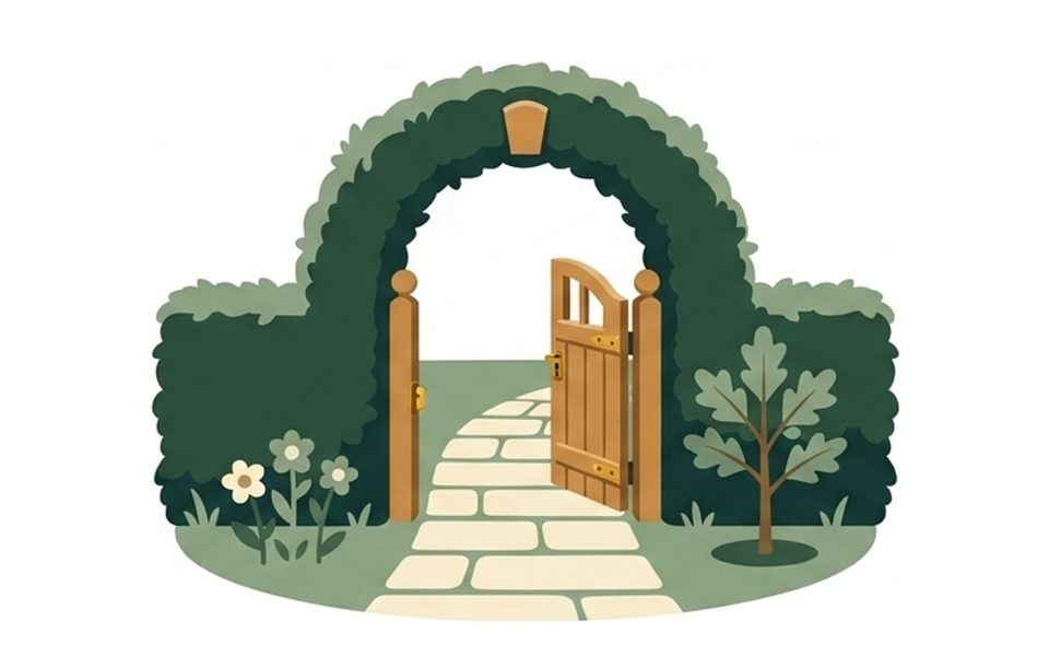 Illustration: a stone path leading through an open garden gate in a hedge arch.