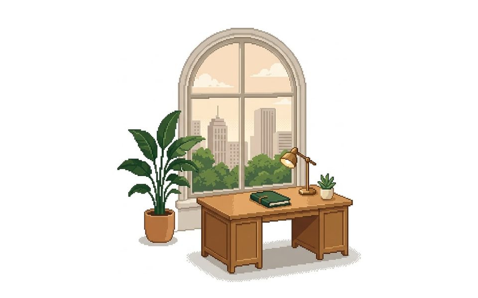 Illustration: an executive desk with a notebook and a brass lamp by an arched window onto city towers.