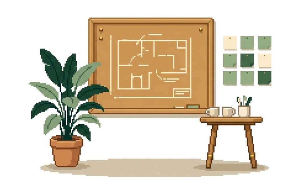 Illustration: a team planning board with a sketched plan and sticky notes, beside a small table with cups.